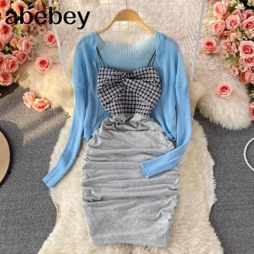 2021 New Spring Autumn Fashion long sleeve short knitted Cardigan Top + Plaid patchwork high waist strap Dress two-piece set