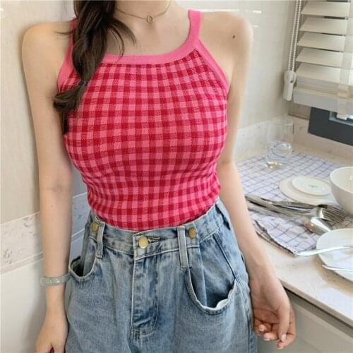 Women Corset Tops Womens Short Plaid Sweater Camisole Spring-Summer Top Tank Camis Crop Top For Women