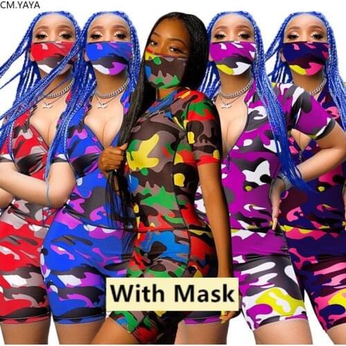 CM.YAYA Sport Women Camouflag Print Short Sleeve Zipper Up Tee Tops Shorts Suit Two Piece Set Tracking Outfits
