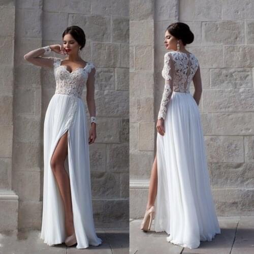 Romantic White Lace Beach High Slit Long Sleeve Chiffon bridal Gown Hollow Back Vestido De Casamento 2018 bridesmaid dresses