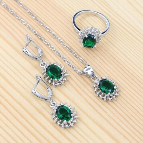 925 Sterling Silver Earrings Open Ring Necklace Pendant Green Cubic Zirconia Accessories Ethnic Style Jewelry Kit