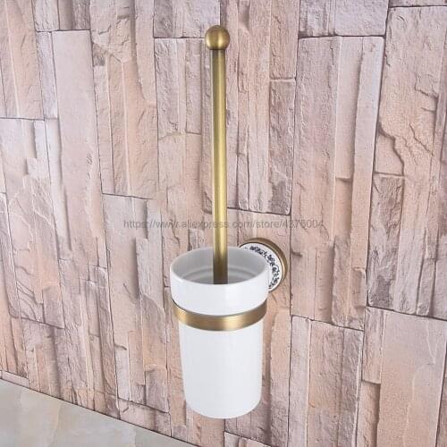 Antique Brass Wall Mounted Toilet Brush Holder Bathroom Accessories Set Bath Products Ceramic Cup with Cleaning Brusher Nba783