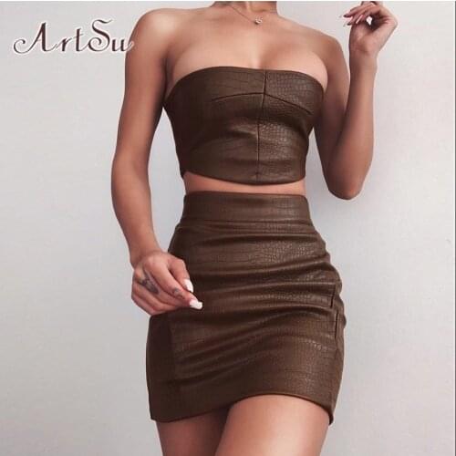 ArtSu Fashion Crocodile Skin Sexy Strapless Crop Top And Skirt Womens Two Piece Sets Club Party Outfits Matching Set SU52107