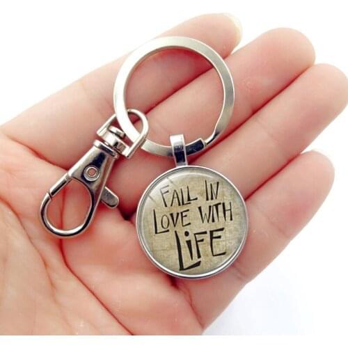 WG 1pc Fall in love with life Time Gem&stone Cabochon Keychain Creative Metal Keyring For Trinket Mens Car Key Ring Key Chain