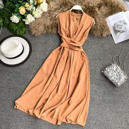 French Popular Fairy Dresses Sexy V-neck Sleeveless Careful with Crossed Tie and Slender Mid-length Skirt Summer