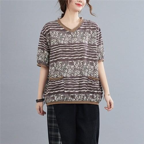 Plus Size Loose T Shirt 2021 New Arrival Fashion Summer T Shirts Soft Cotton Linen Print Vintage T-shirts Women Casual Tops Tees