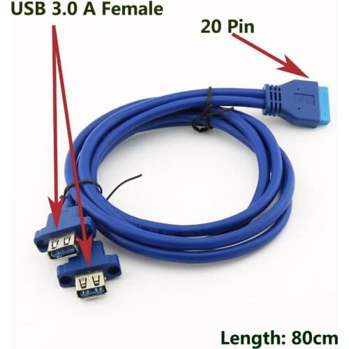 1pcs USB 3.0 Cable Dual Port USB 3.0 A Female Screw Mount Panel Type to Motherboard 20 Pin PC Case Cord 80cm Blue