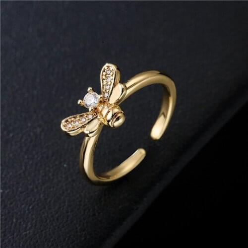 2021 New Romantic Thin Open Ring Animal Butterfly Bee Adjustable Jewelry Copper Gold Color Micro Pave Zircon Rings For Women