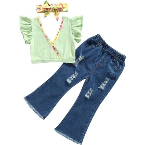 3 Pieces Kids Suit Set Floral Print V-Neck Fly Sleeve Tops+ Ripped Flare Jeans+ Headband for Toddler 1-5 Years