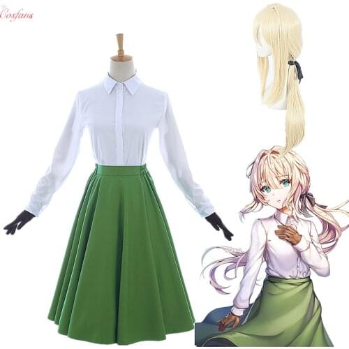 Anime Violet Evergarden Auto Memory Doll Cosplay Costume Outfits White Blouse Green Dress Gloves Set New Uniform Casual Shirt