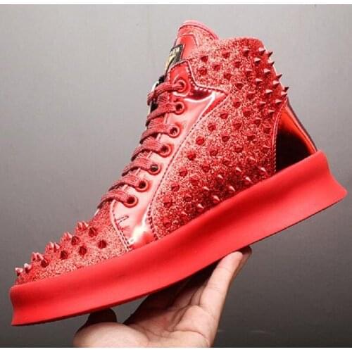 New Casual Shoes Mens Solid Rivets High Top Sneakers Bottom Flats Fashion Ankle Lace-Up Shoes Ankle Boots Zapatillas Hombre w28