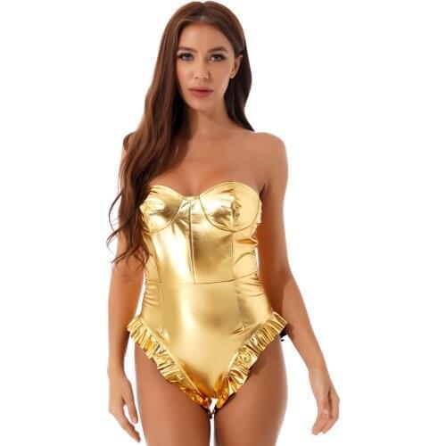 Summer Women Shiny Faux Leather Bodysuit Off Shoulder Strapless Leotard Stage Show Club Wear Glossy Zipper Ruffled Jumpsuits