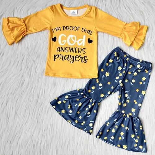 Hot Sale Children Clothing Kids Designer Clothes Girl Boutique Bell Bottom Outfits Spring Outfit Flower Print Baby Girls Clothes