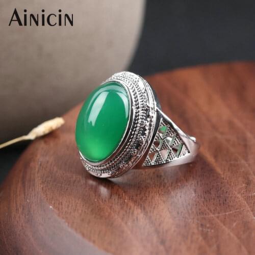 Natural Agate Green Jade Gem Stone Fashion Mens Wide Adjustable Ring Birthday Gift Silver Plating Copper Jewelry