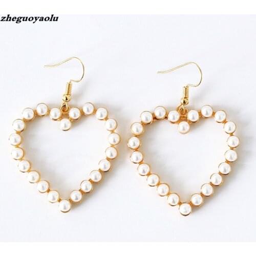 New Cute Retro Geometric Heart-shaped Love Peach Heart Sweet Imitation Pearl Earrings For Women Dangle Earrings Wedding Earrings