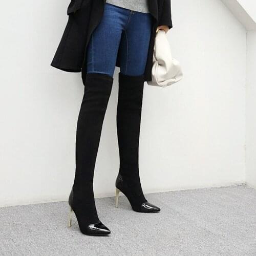 New Womens Autumn and Winter High Heel Long Boots Solid Color Pointed High Ladies Boots Knee High Boots Women Plus Size 34-48