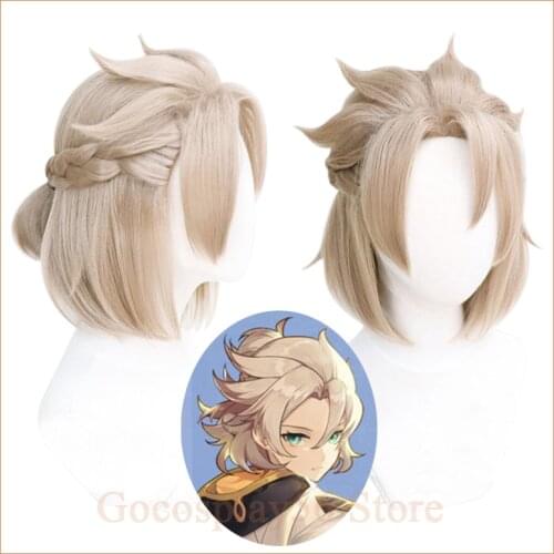 Genshin Impact Albedo Cosplay Wig 35cm Short Braided Small Ponytail Heat Resistant Hair Halloween Role Play
