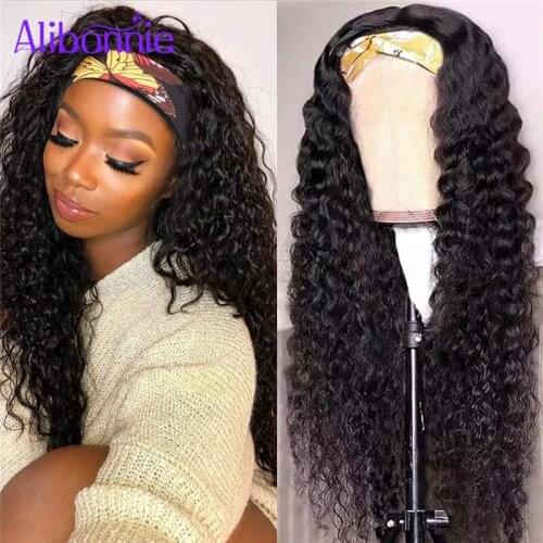Alibonnie Deep Curly Wave Headband Wigs For Black Women Human Hair Wigs Machine Made Remy Human Hair wigs 28Inches High Density