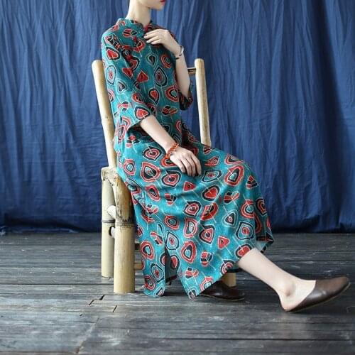 Women Loose Autumn Half Sleeve Cotton Linen Printed Chinese Qipao Dress Ladies Loose Retro Cheongsam Dress Female Print Dress