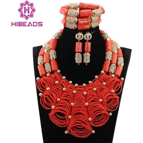 Luxury Nigerian Wedding Coral Beads for Brides Queen Bridal Party African Jewelry Sets New Free Shipping CNR784