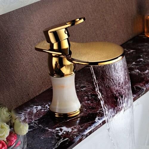 Luxury brass jade gold finished bathroom sink waterfall faucet golden basin Hot and cold water mixer tap faucet--MD460