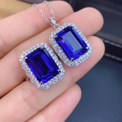Sapphire Jewelry Set Natural And Real 925 Sterling Silver Fine Jewelry 1pc Sapphire Ring,1pc Sapphire Pendant BirthdayJewelry