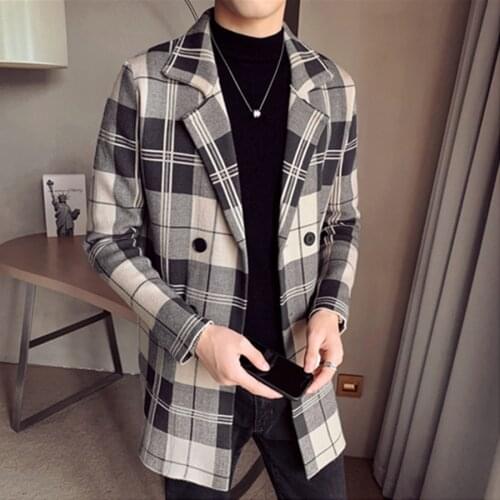 Woolen Plaid Casual Long Windbreaker Jacket 2021 Men Turn Down Collar Wool Knit Sweater Trench Coat / Male Double Breasted Fit