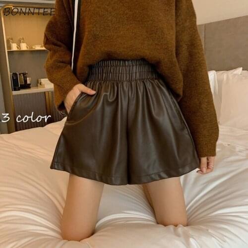 High Waist PU Shorts Womens Autumn Solid Elastic Loose Leisure Fashion Wide Leg Trousers Streetwear A-Line Pleated Elegant Lady