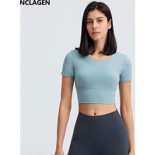 NCLAGEN Sports Top Women Short Sleeve Summer New Yoga T-shirt With Padded Open Back Crop Top Fitness Gym Breathable Running Vest