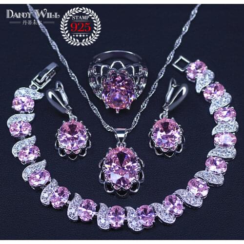 Amazing Present Pink Crystal silver color costume jewelry set for women bracelet pendant necklace earrings ring set women