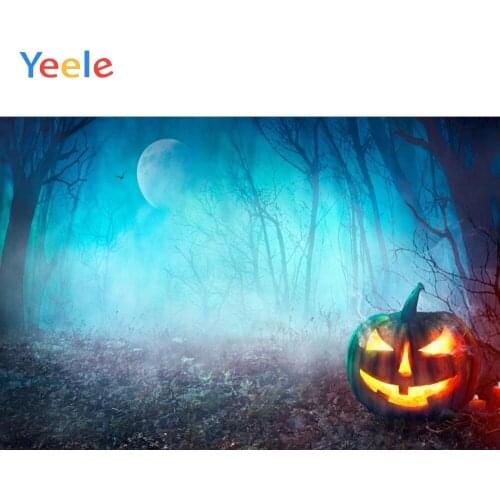 Yeele Photophone Halloween Backdrop Forest Tree Fog Pumpkin Lantern Moon Night Vinyl Photography Background For Photo Studio