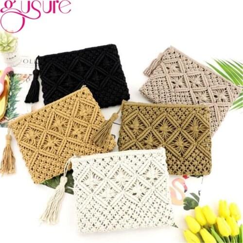 Gusure Hand-Knitting Bags Girls Hollow Out Cotton Straw Handbags Summer Beach Travel Bag Tassel Purse Women Clutch