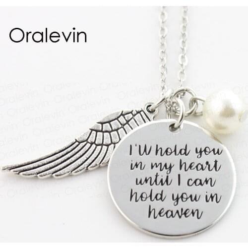I WILL HOLD YOU IN MY HEART UNTIL I CAN HOLD YOU IN HEAVEN Memorial Engraved Wing Charms Necklace Jewelry 10Pcs/Lot,#LN298