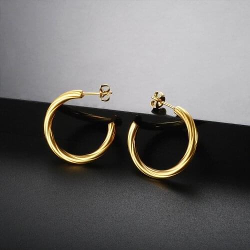 Hoop Earrings Ladies Personality Stainless Steel Golden Circle Earrings Twisted Line Hip-Hop Style Gold-Plated Fashion Jewelry