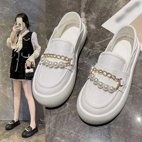 Women Metal Chain Shoes Thick Bottom Womens Slip On Shoe PU Leather Ladies Retro Platform Female Casual Comfortable Footwear