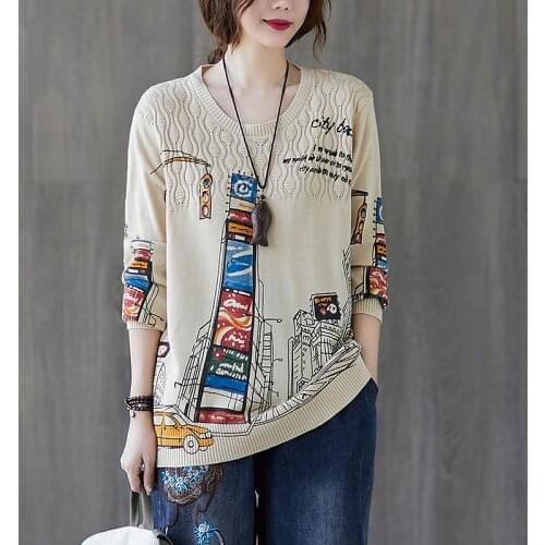Large Size Autumn Printed Knitted Pullovers O-neck Sweater Loose Casual Women Tops Fashion 4 Colors Long Sleeve