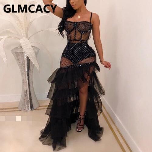 Women Sheer Mesh Rhinestone Slit Party Dress