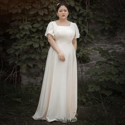 Women Formal Evening Dresses Plus Size A-Line Jersey Floor-Length Regular Short O-Neck Simple Pleat Court Train Party Dress D074