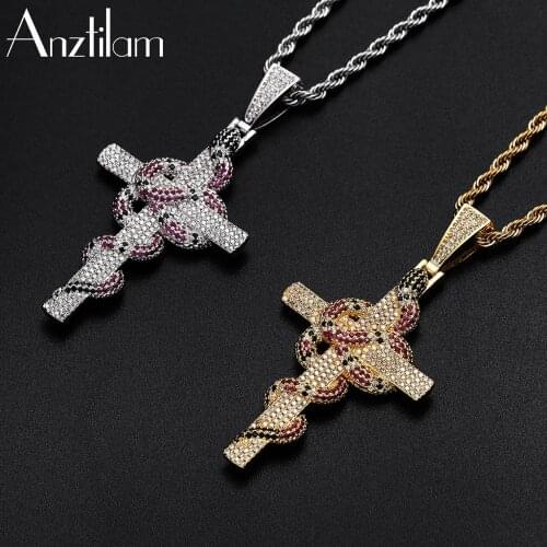Snake Winding Cross Pendant Necklace Super High Quality Iced Out AAA Cubic Zirconia Pendant Christmas Halloween Hip Hop Jewelry