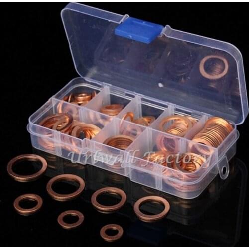 120PCS Solid Copper Washers Sump Plug Assortment Washer Set Plastic Box Professional Hardware Accessories M6-M20
