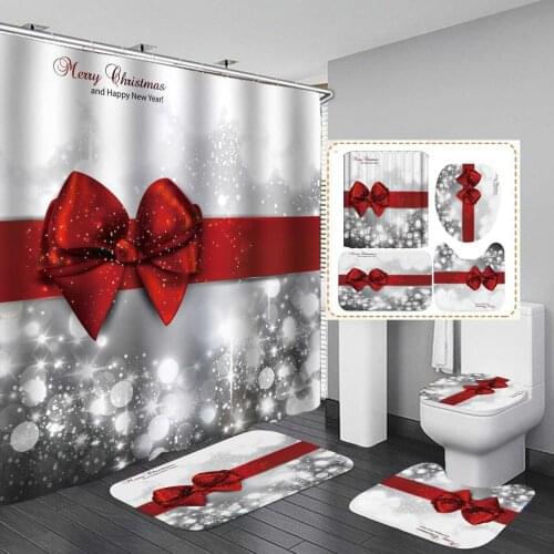 16Christmas Red bow knot Printed 180x180cm Shower Curtain Pedestal Rug Lid Toilet Cover Mat Non-slip Bath Mat Set Bathroom