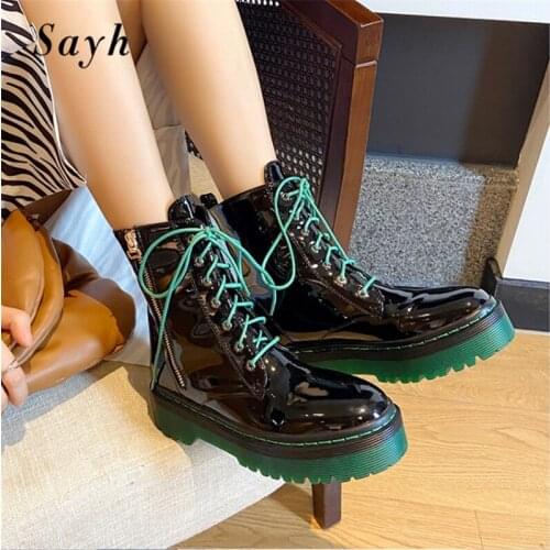 2020 Winter Women Warm Ankle Boots Lace Up Zipper Platform Patent Leather Martin Boots Casual Shoes