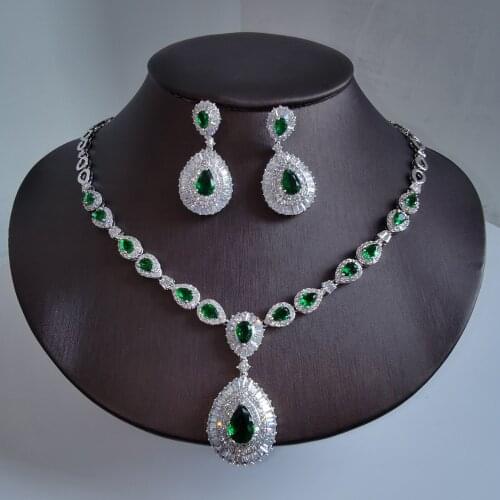 2021 NEW FASHION retro green water drop CZ zircon necklace earring wedding bride banquet formal dress jewelry set free shipping