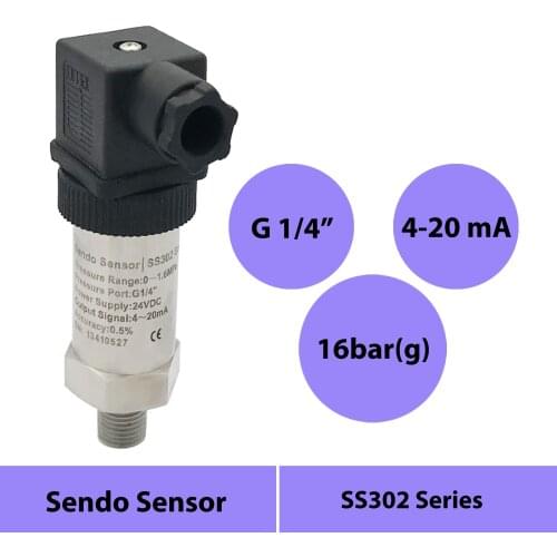 4 20mA pressure sensors, 0 to 16bar, 600mbar gauge, G1 4 thread, AISI 316L diaphragm,12V to 30V power, 24Vdc supply, IP65