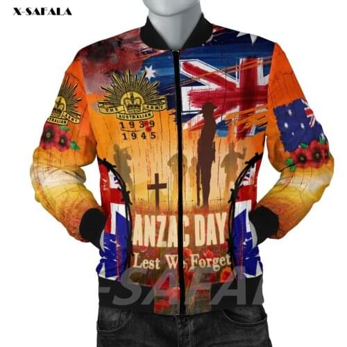 Australia Anzac Day 2021 Anzac Day 3D Printed Bomber Thick Jacket Man Female Outwear Baseball Flight Pilot Jacket Zipper Coat