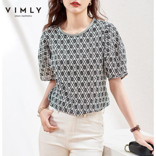VIMLY Summer Women Blouse Elegant Round Neck Printed Shirts Office Lady Puff Sleeve Vintage Blouses Female Blusas Tops F7660