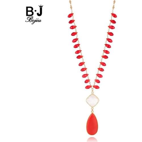 BOJIU New Rose Water Drop Long Necklaces Pendants Gold Link Chain Crystal Beads Necklace in Jewelry Hot Necklace Women NKS187