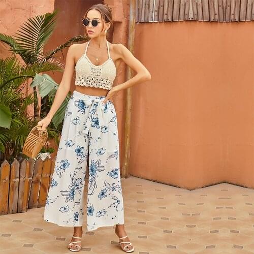 TRAF Summer Womens pants Floral Print Bandage Wide Leg Trousers High Waist Pants Streetwear Ladies Clothes Casual Fashion