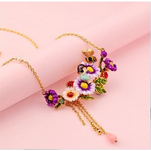 European and American New Product Personality Tassel Pendant Necklace Hand-painted Enamel Glaze Flower Short Clavicle Chain