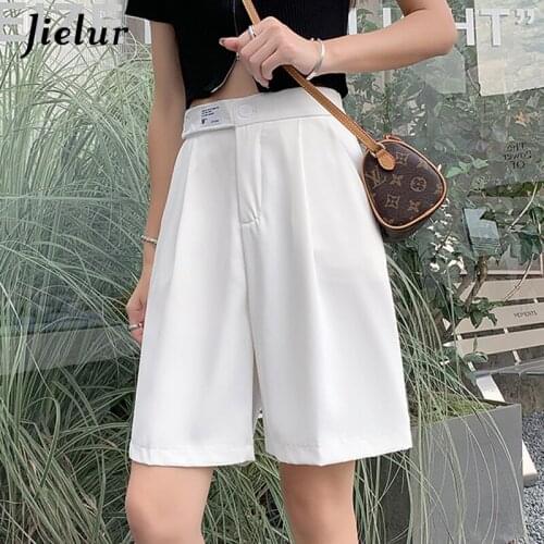 Jielur 2021 Summer High Waist Solid Colur Shorts for Women Loose Thin Black Suit Womens Shorts Pocket White Grey Shorts Female